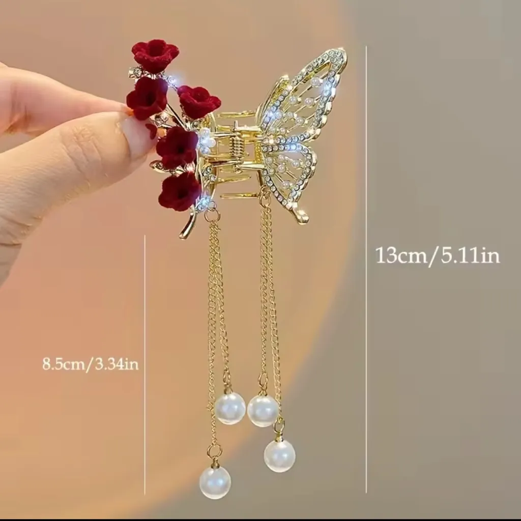 Faux Pearl Tassel Hair Claw Clip Red Rose Jaw Clips Metal Shark Clips For Girls Gold - Image 5