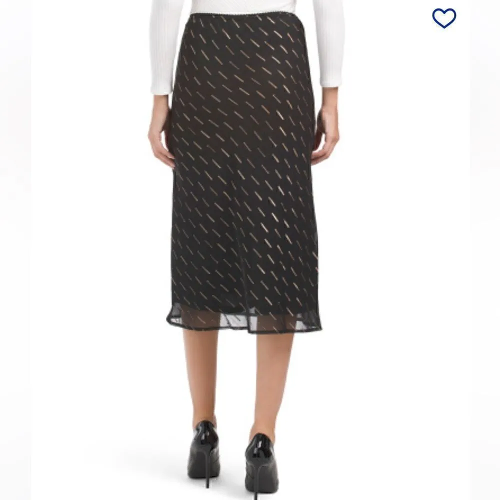 BAND OF GYPSIES Gold Metallic Flocked Overlay Midi Skirt Black M NWT - Image 2