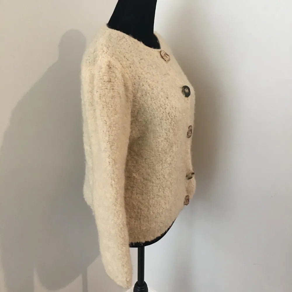 MOON GRAY Vintage Off White Boucle Knit Sweater Cardigan Wood Buttons Medium 4 Size undefined - Image 3
