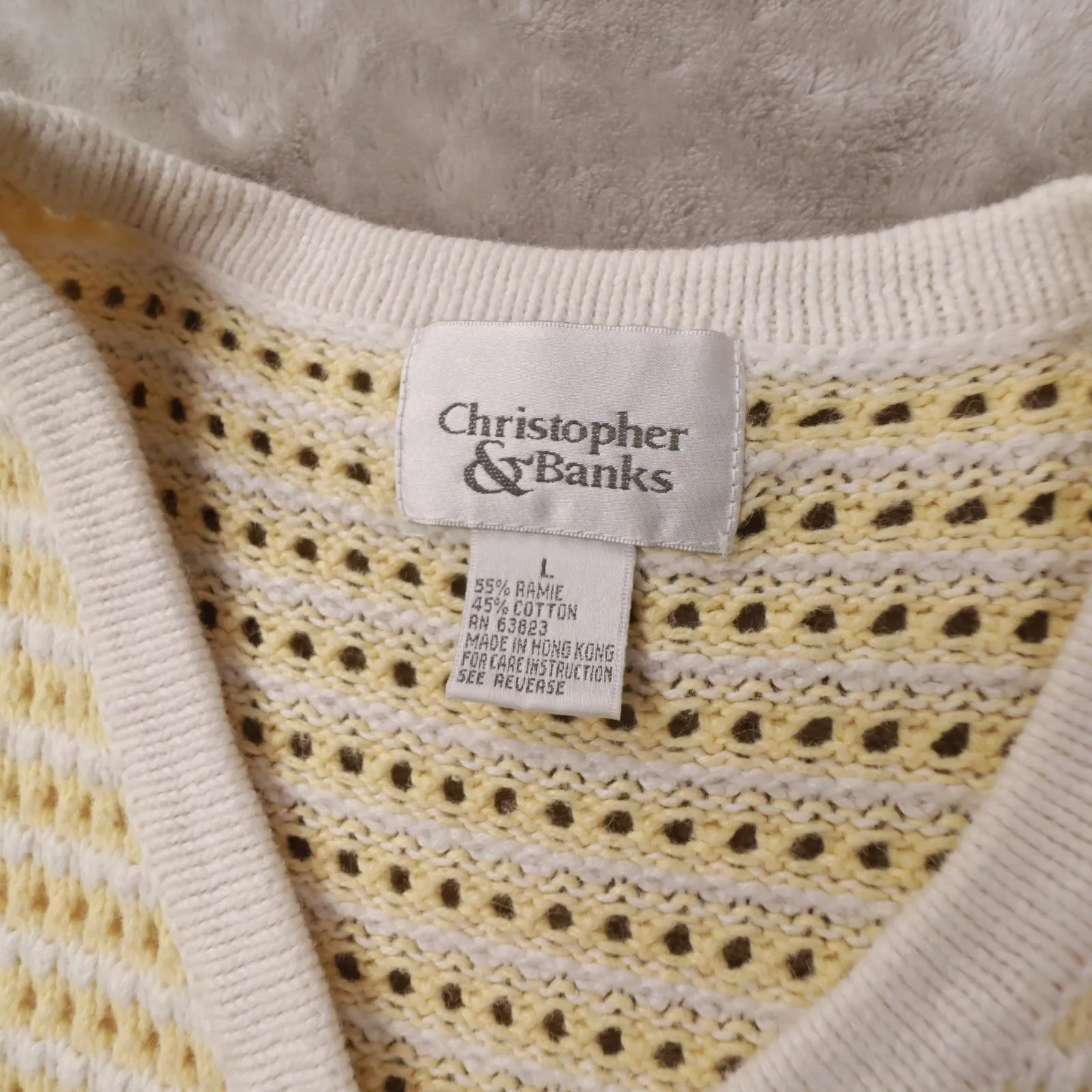 Christopher & Banks Vintage White Yellow Striped Short Sleeve Cardigan Sweater L - Image 2