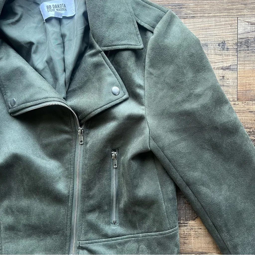 BB Dakota by Steve Madden Womens Green Faux Suede Moto Jacket Fall Casual Sz Lg - Image 2