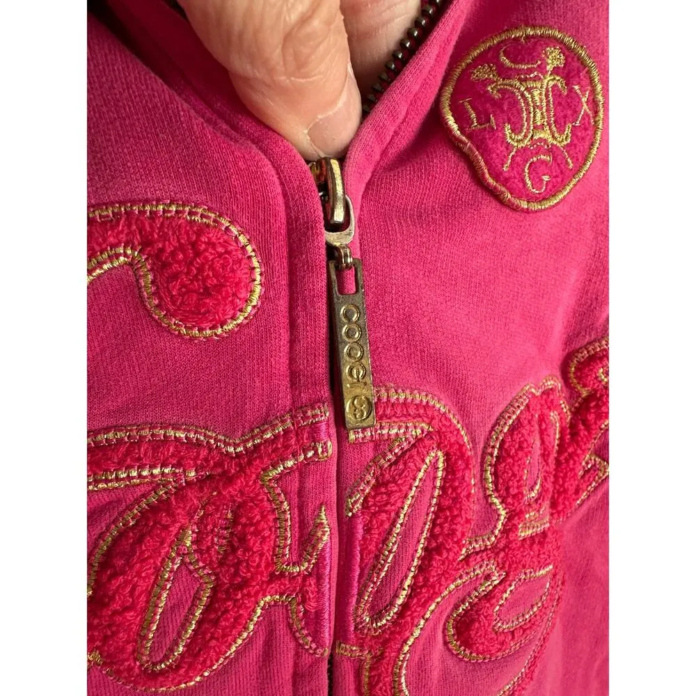 Coogi Luxury Pink Gold Hoodie Full Zip Front Medium Embroidered Logo Streetwear - Image 11