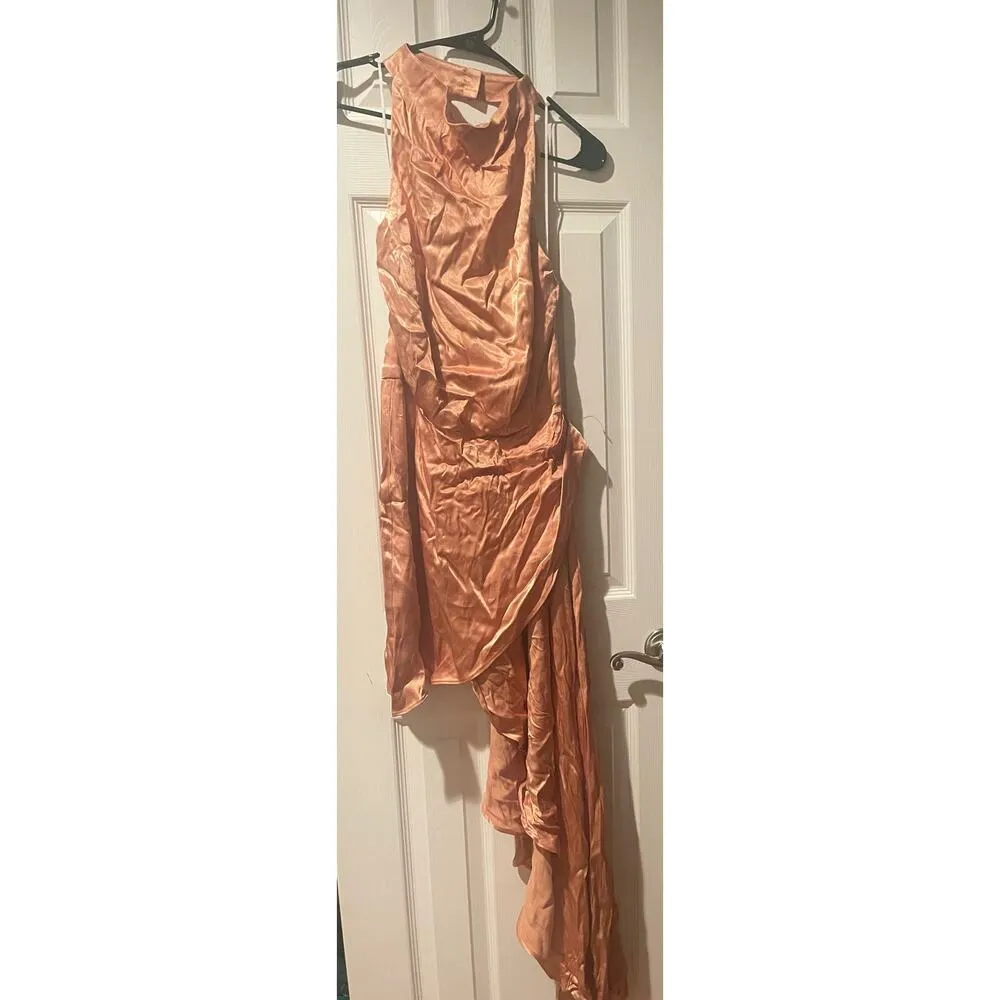 Elliott Lambent Halter silky fabric, cowl neck, asymmetrically draped skirt A29 Tan Size L - Image 4