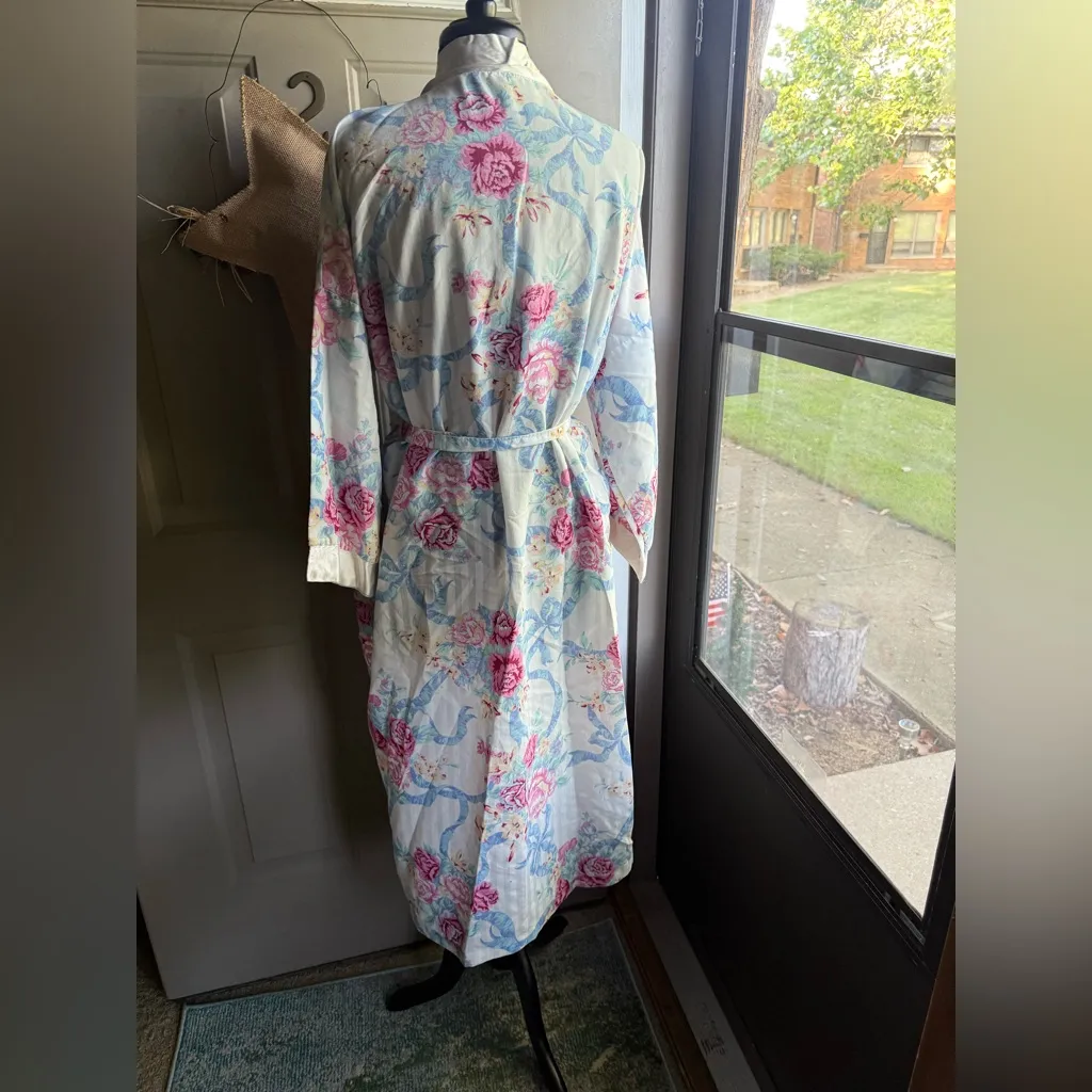Vintage Appel pastel floral striped satin trim kimono robe, one size Blue Size XL - Image 9