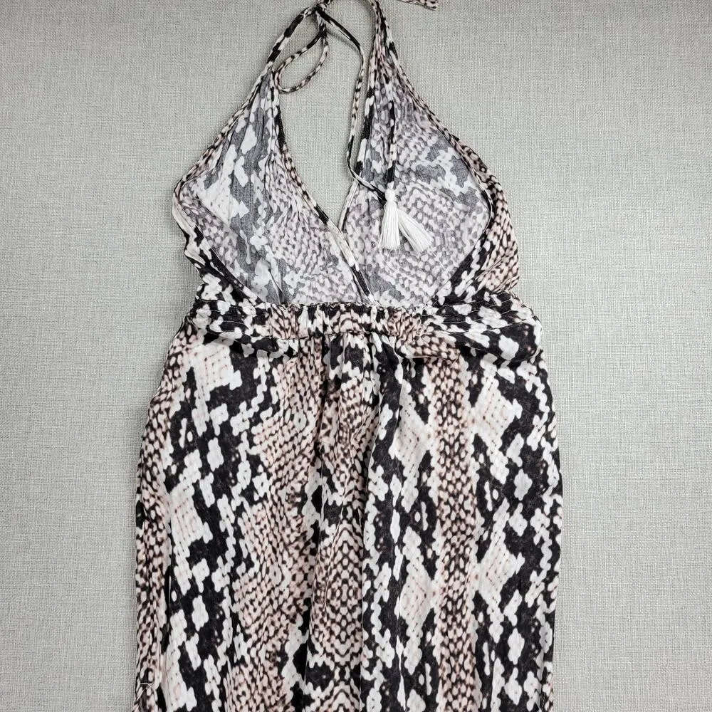 Olivaceous Womens Jumpsuit Size S White Brown Snake Print Halter Tassel Backless - Image 5