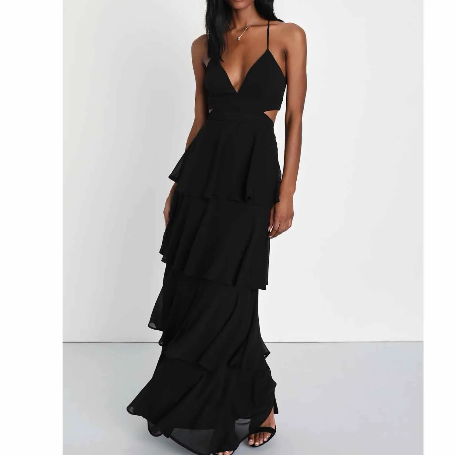 Lulus Tier and Now Black Tie-Back Tiered Maxi Dress Size Small - Image 7