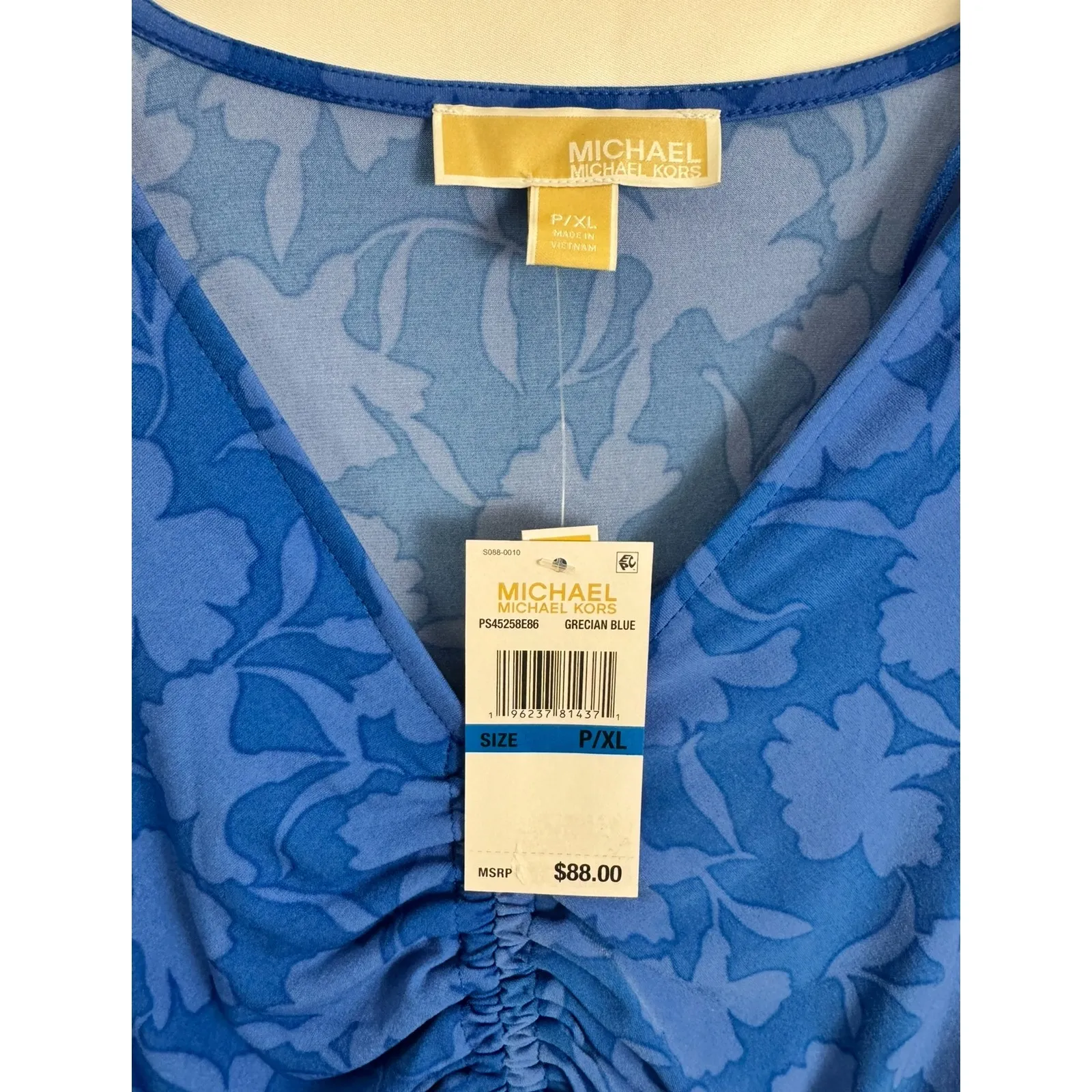 Michael Kors Grecian Blue Floral Ruched V-Neck Flutter Sleeve Top P/XL‎ - Image 4