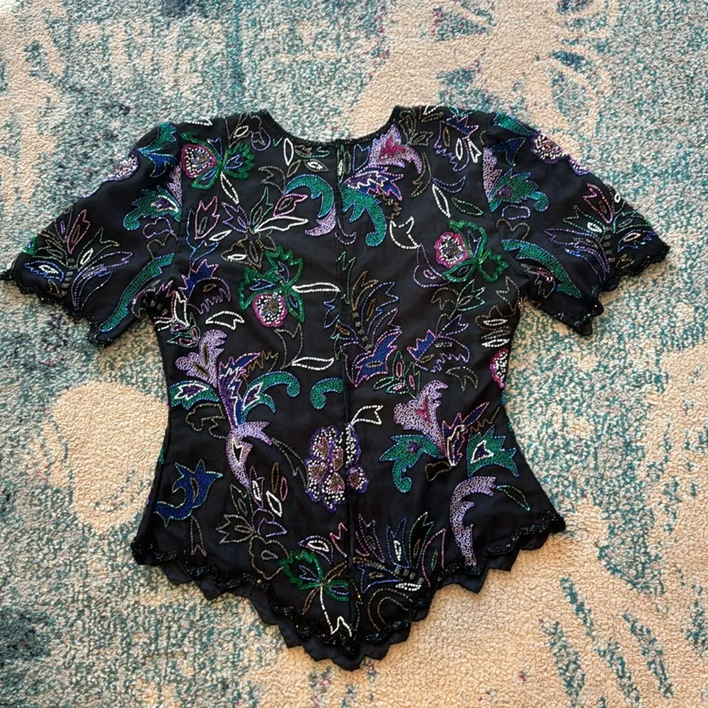 Vintage Laurence Kazar Silk Beaded Floral Blouse Black Multicolor Large - Image 5