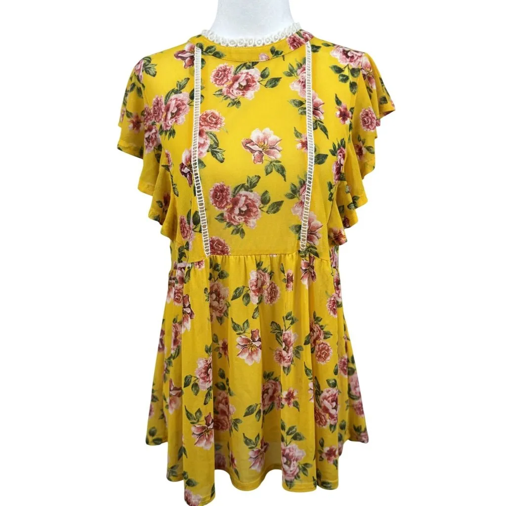 Ivy Rose Size L Womens Floral Yellow Pink Ruffle Top Lace Trim Summer Tunic Size L - Image 2