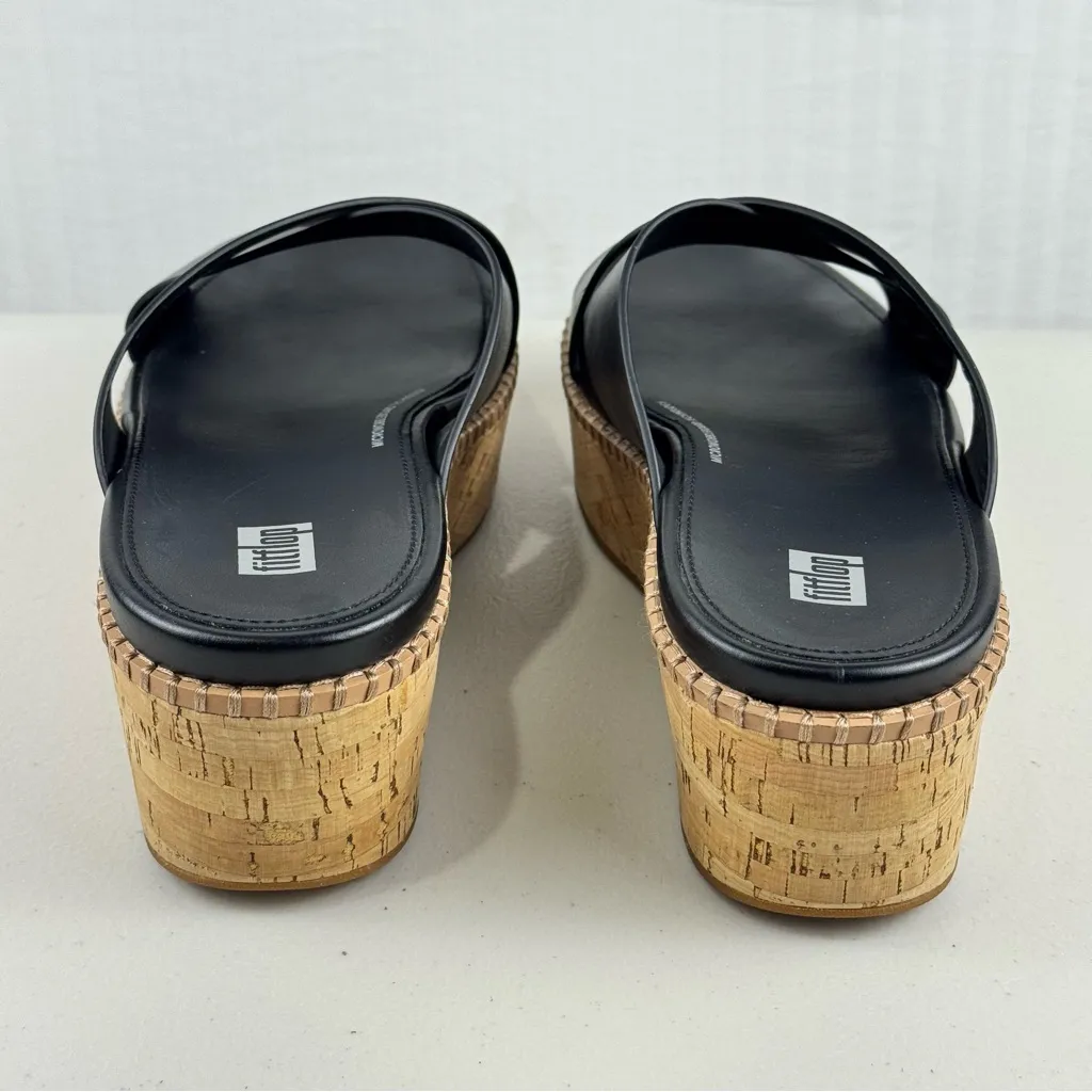 Fitflop Eloise Black Leather Wedge Cross Slide Cork Wrap Platform Sandal Size 10 - Image 5