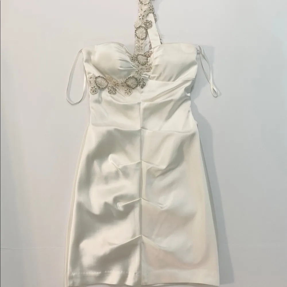 Cache Ivory Pearl Ruched Dress Satin Single Strap Beaded Bridal Engagement Sz 4 - Image 6