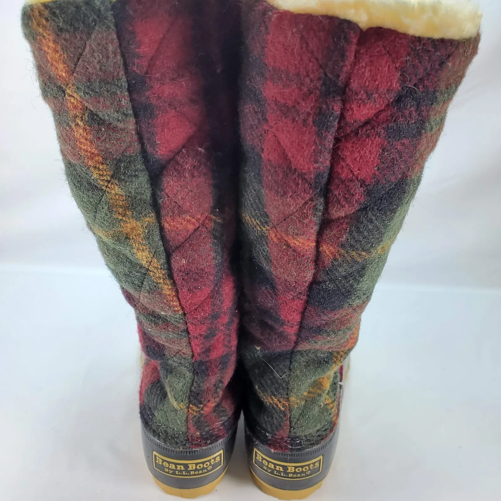 L.L. Bean Tartan Plaid Wool Shearling Sherpa Fleece Lined Duck Boot VTG Size 7 M Red - Image 5