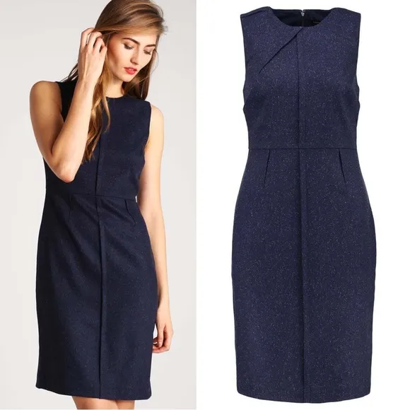 Banana Republic • Pleated Flannel Dress sleeveless sheath navy blue tweed - Image 2