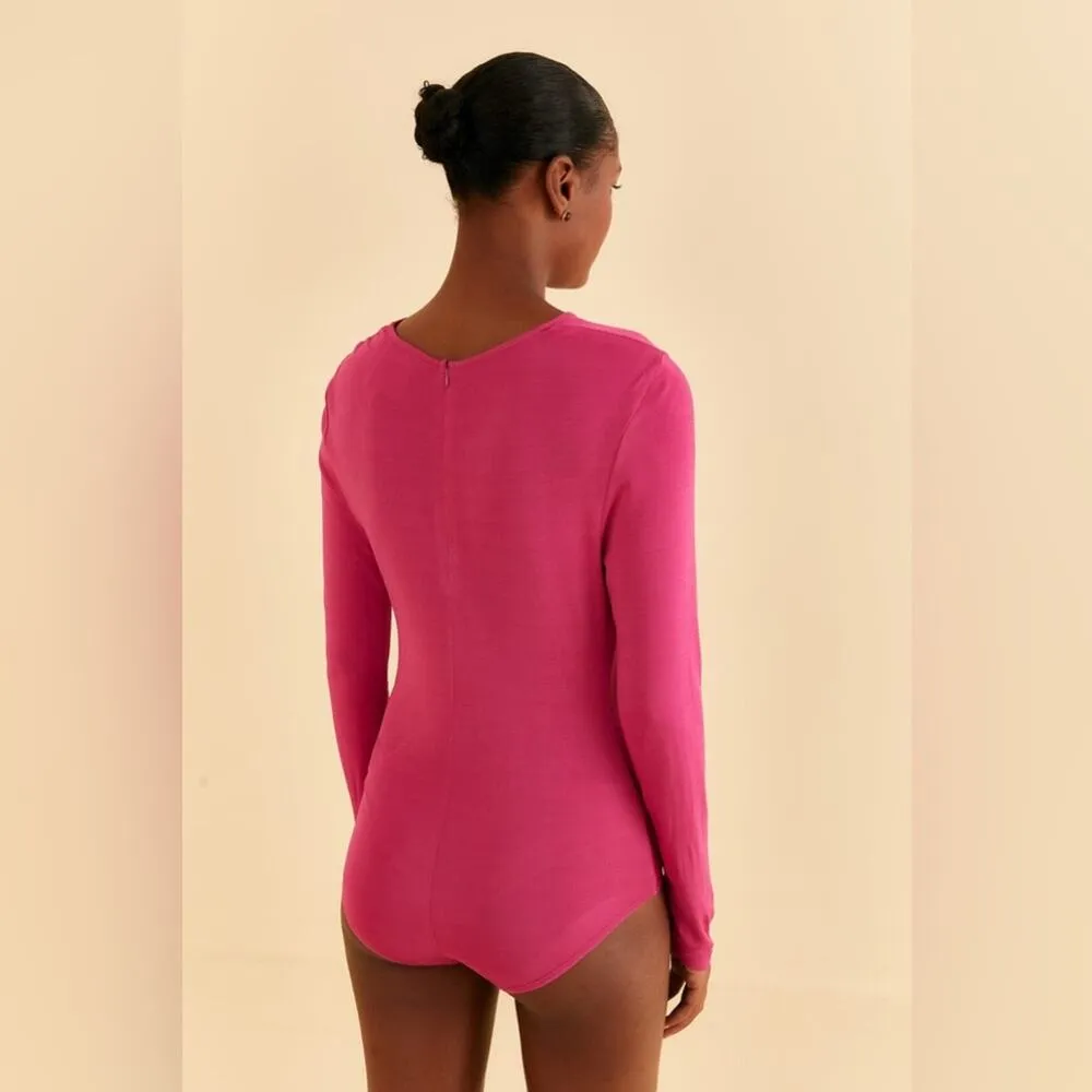 Farm Rio Pink Long Sleeve Knot Twist Key Hole Neck Zip Up Bodysuit M - Image 7