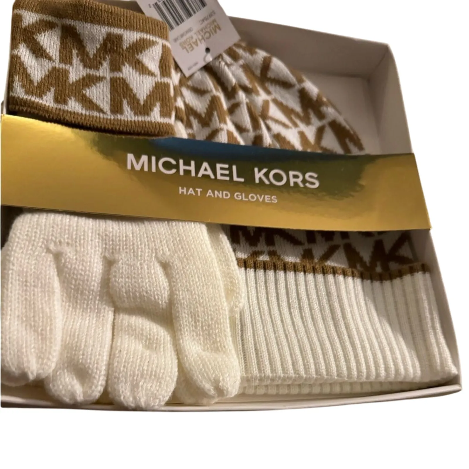 MICHAEL KORS Monogram Beanie Hat and Gloves in Cream and Tan, New with Tag - Image 2