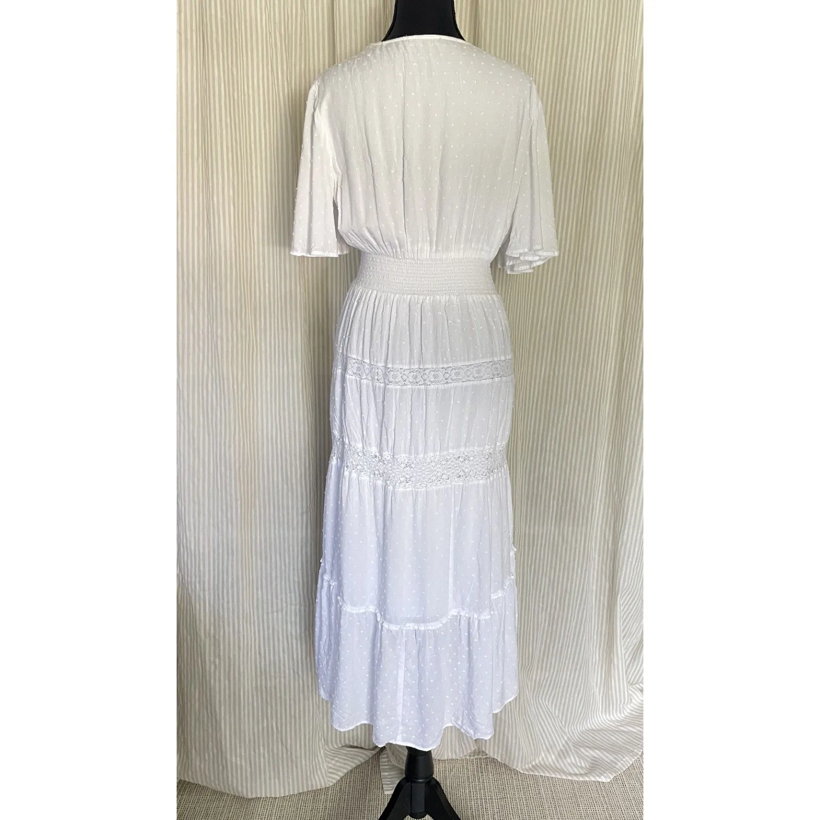 INC White Swiss Dot Boho Midi Dress Womens L Lace Tiered Cottagecore Prairie Size L - Image 3