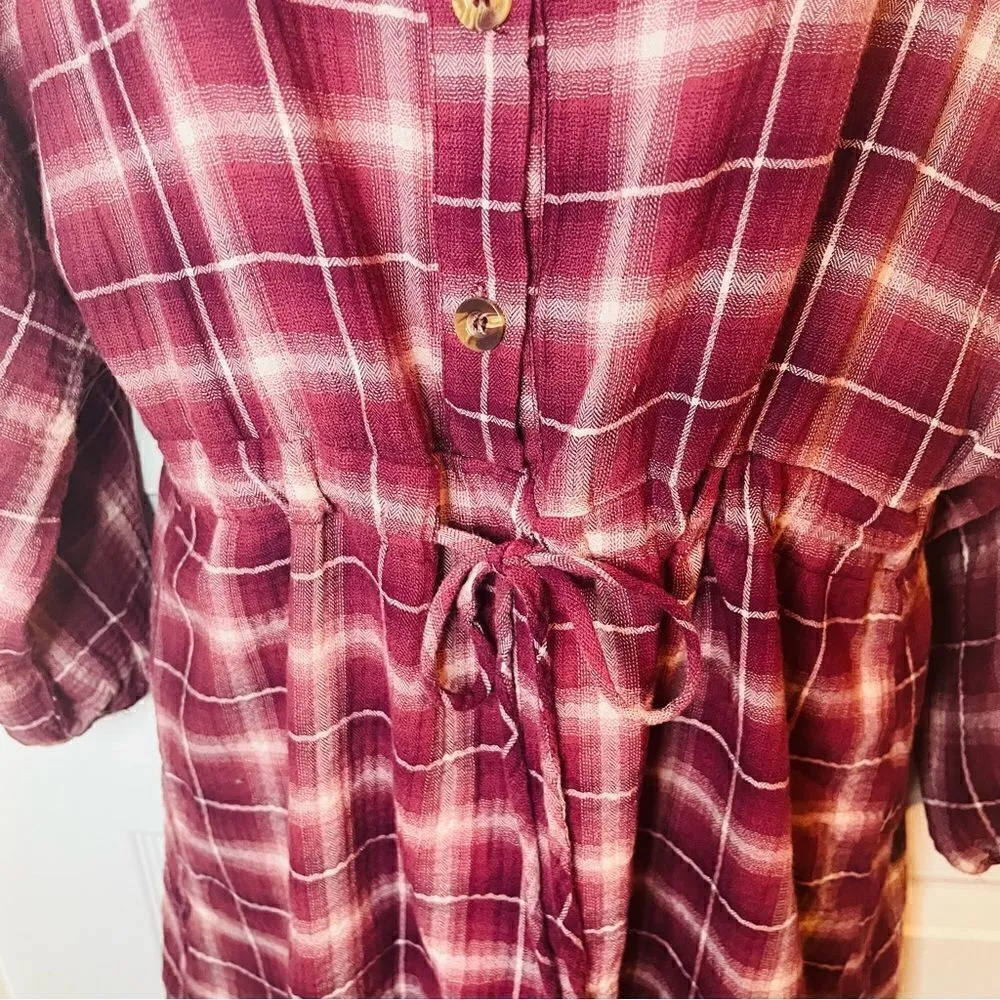 Wild Moss Women's Burgundy Long Sleeve Plaid Mini Shirt Dress M Pink Size M - Image 7