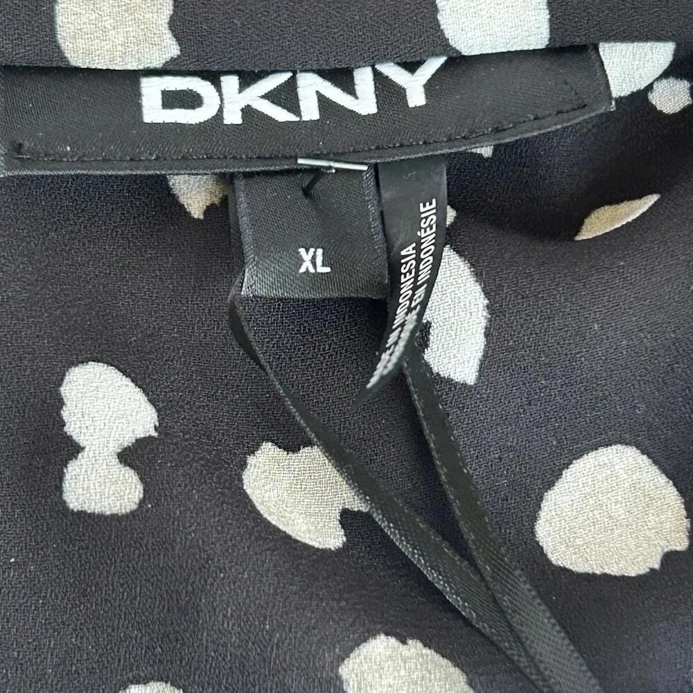 DKNY Brand New Ruffle Blouse w/Neck Tie - Women’s XL Black/White Abstract - Image 5
