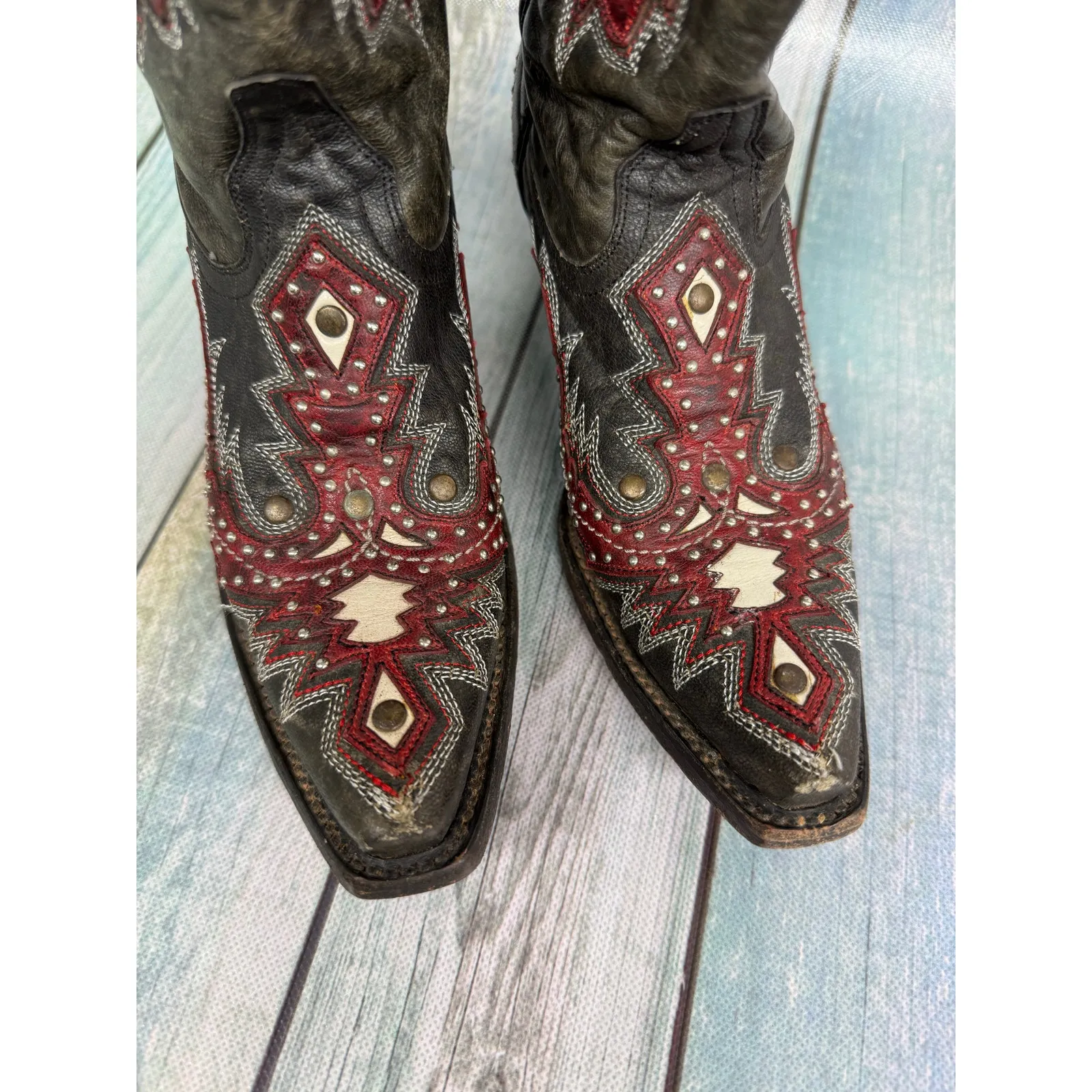 Coral Western Cowboy Boots Red Black Overlay Studs Snip Toe Size 5.5 Tall Shaft - Image 5