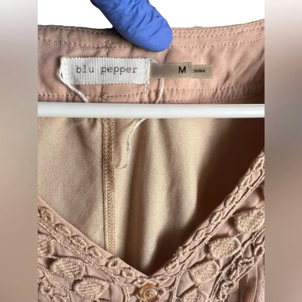 Blu Pepper Belted Crochet Detail Midi Dress Cream Tan Beige Womens Size Medium - Image 3