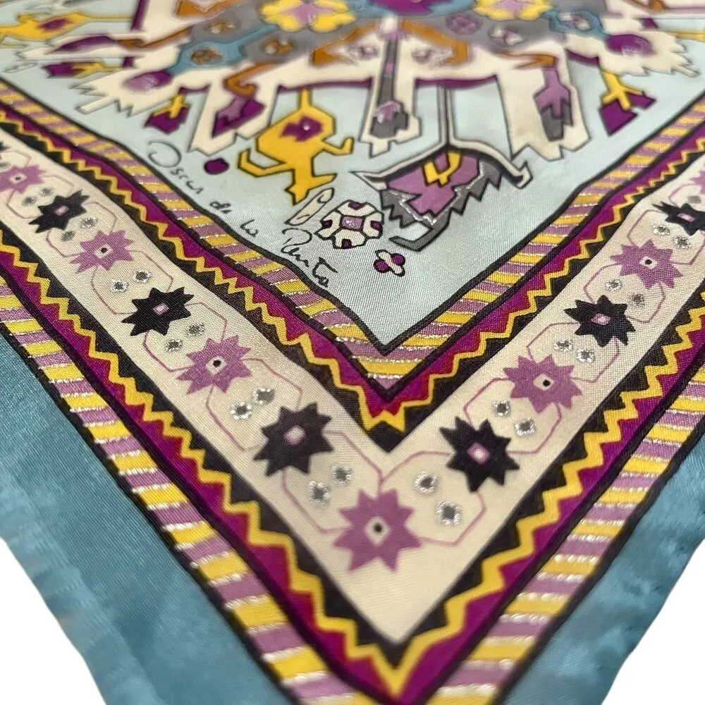 Oscar de la Renta Vintage Gilded Flower Printed Silk Long Fringe Scarf - Image 4