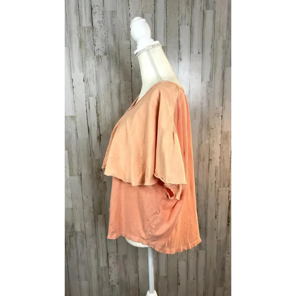 Free People Women's Medium Girl Talk Ruffle Linen Blend Top Sunny Peach Blouse‎ - Image 6