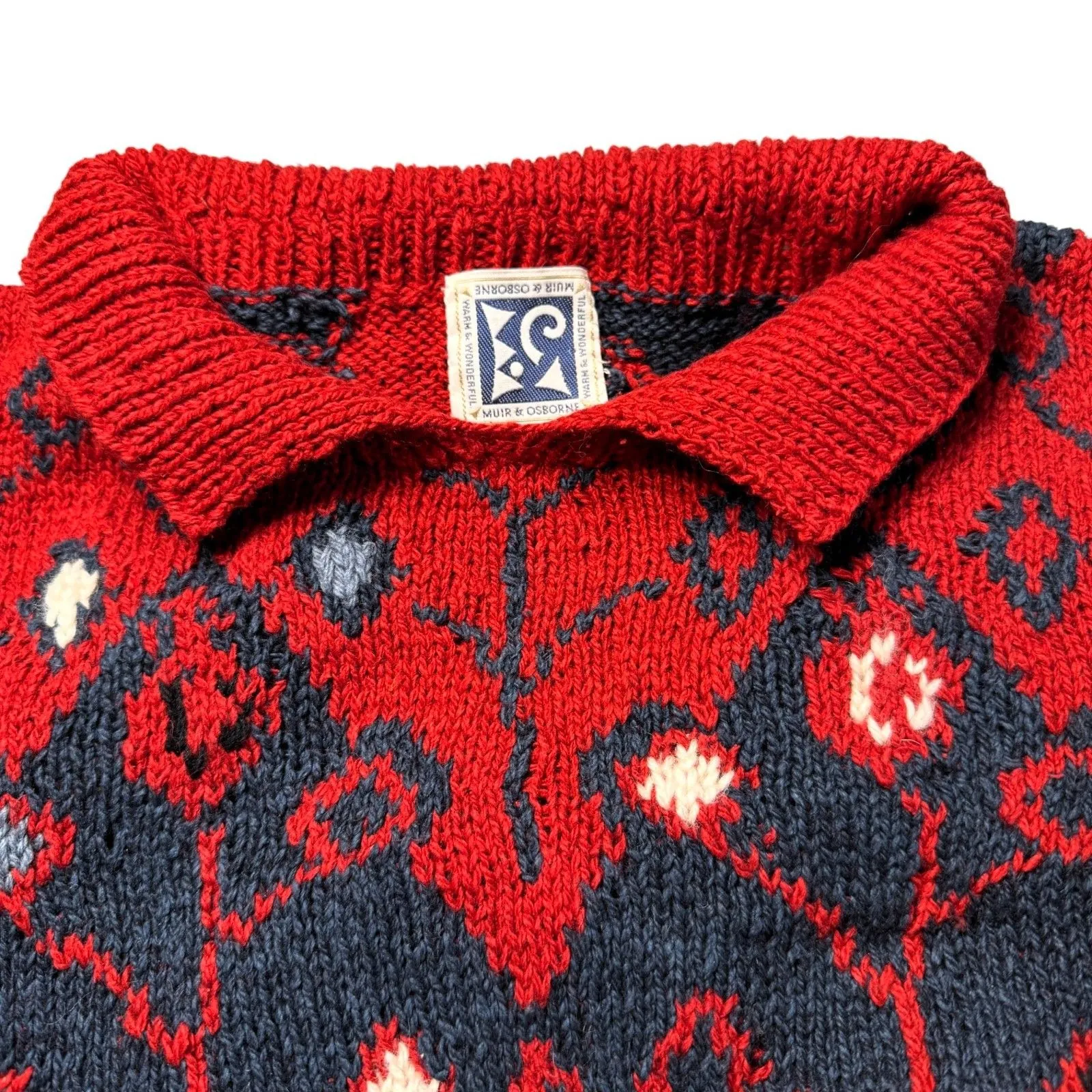 Muir and Osborne Red Sweater Womens Small Hand Knit Cotton Fair Isle Vintage 80s - Image 3