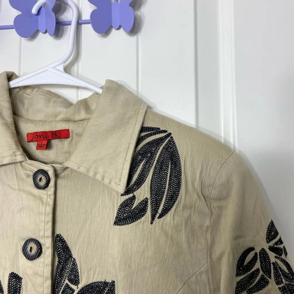 Vintage Joni B women’s‎ tan black embroidered leaf floral button collared jacket Size L - Image 3
