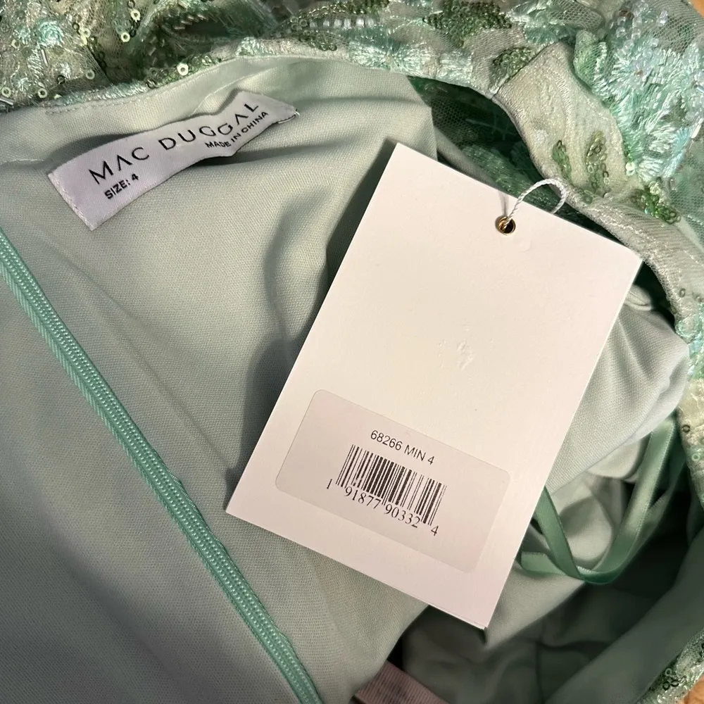 Mac Duggal Green Puff Sleeve V Neck Floral Embellished Dress 68266 size 4 Midi - Image 13