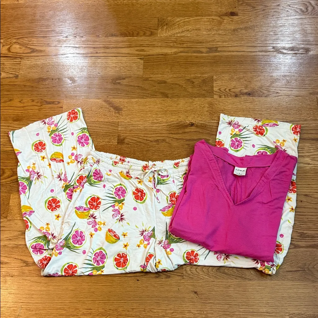 Soma Cool Nights Hot Pink Pajama Set V-Neck Top & Citrus Print Pants Size L - Image 9
