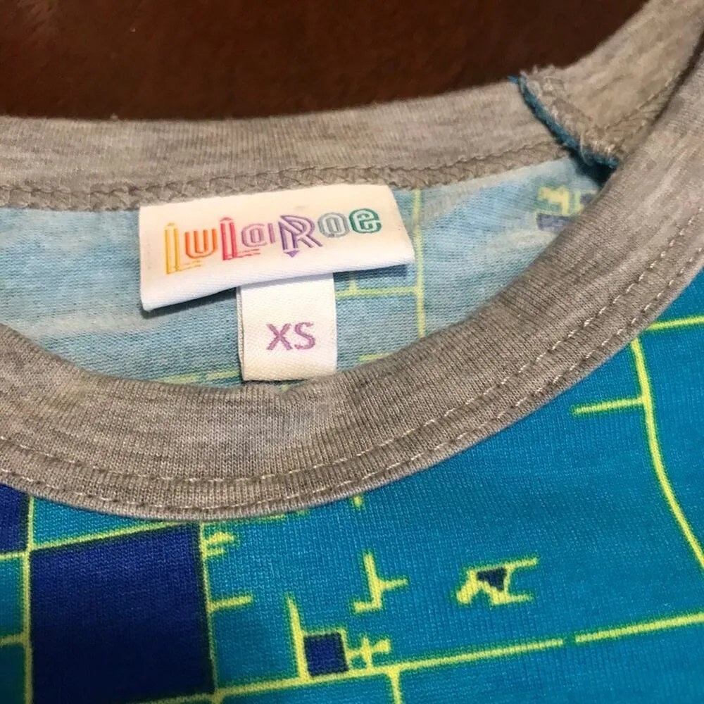 LuLaRoe Womens Top Size XS Randy Baseball Tee Blue Neon Yellow Digital Pixelated - Image 5