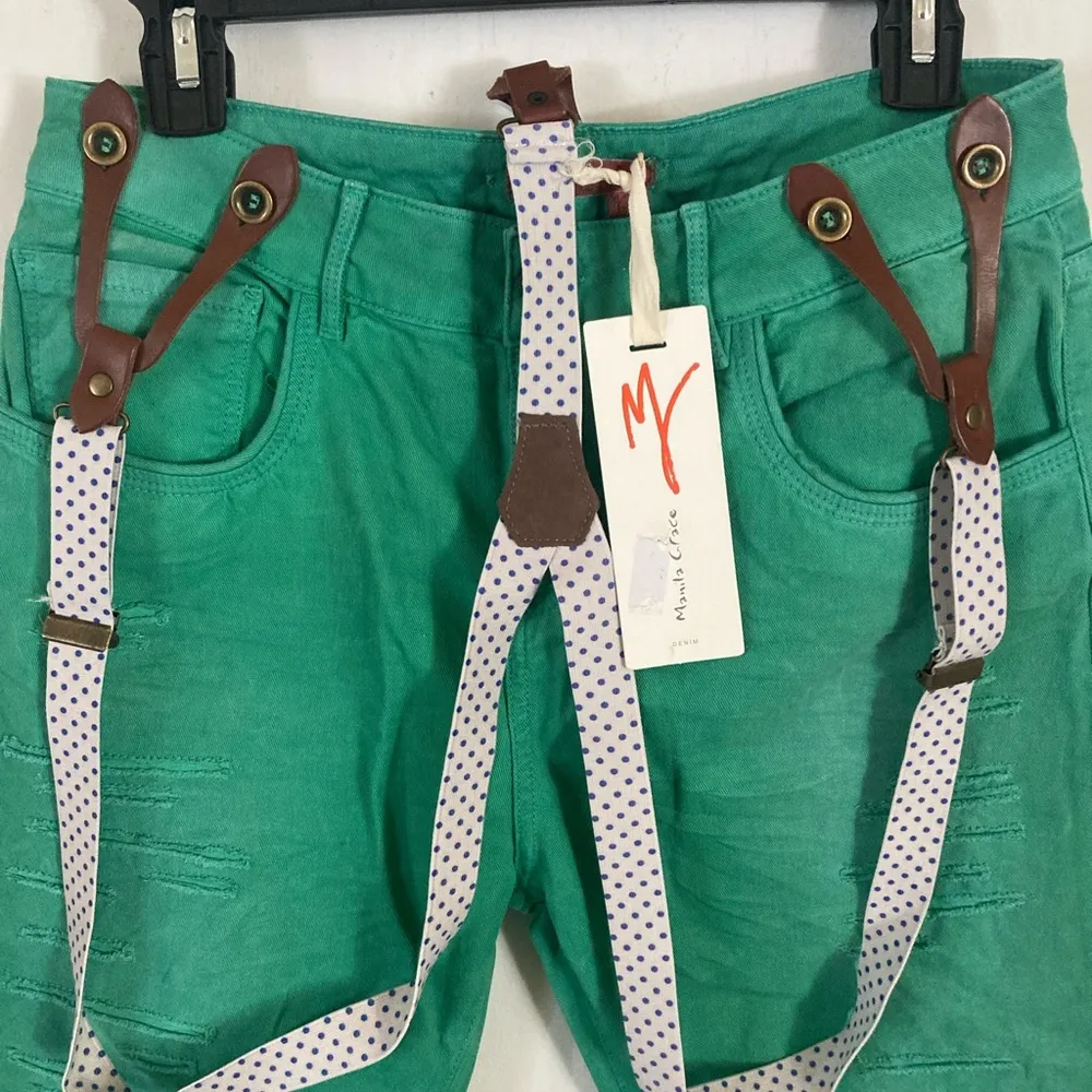 Manila Grace Denim women’s size 28 distressed stretch polka dot suspenders jeans Green - Image 2