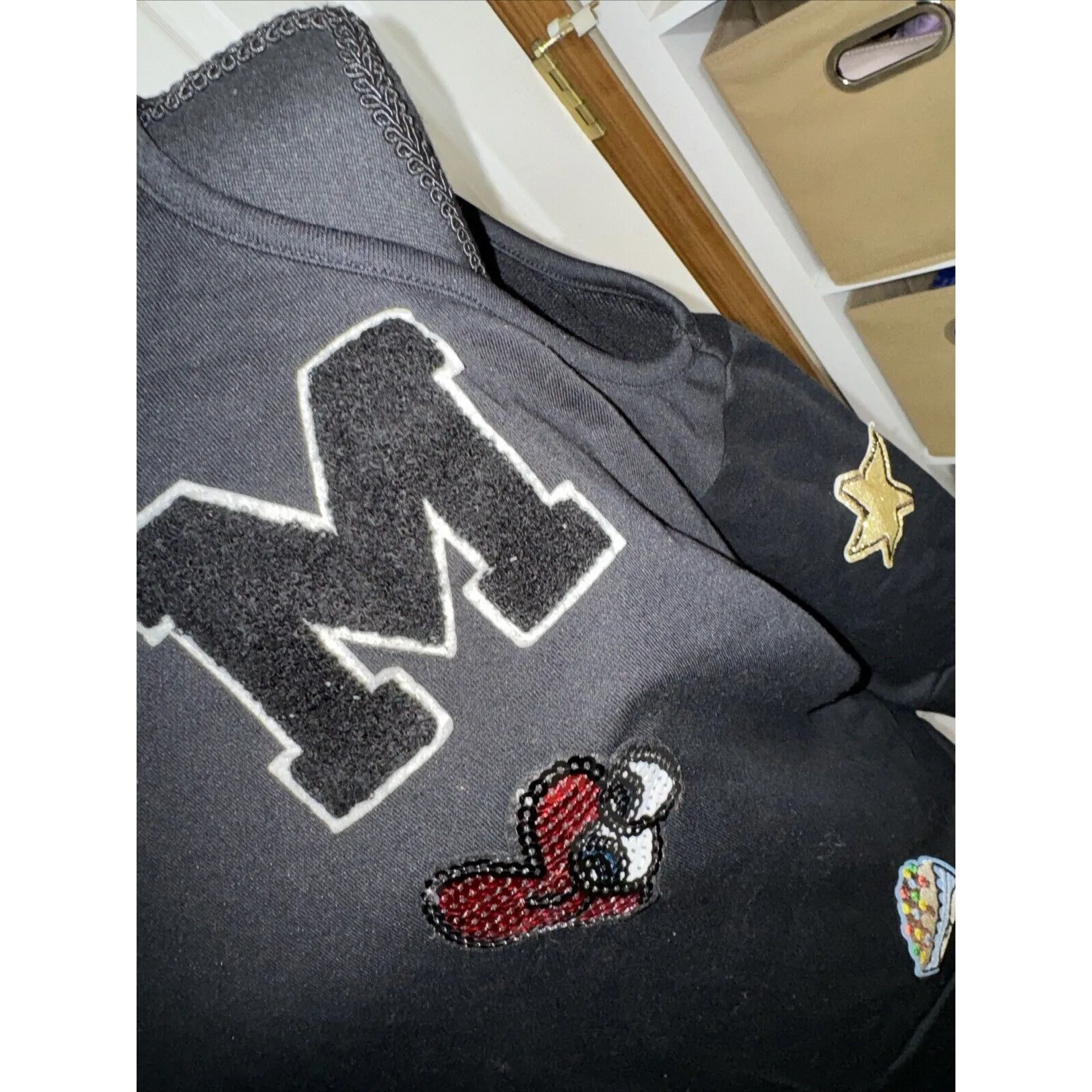 womens varsity y2k sweater black patches hip hop cold shoulder S‎ - Image 4