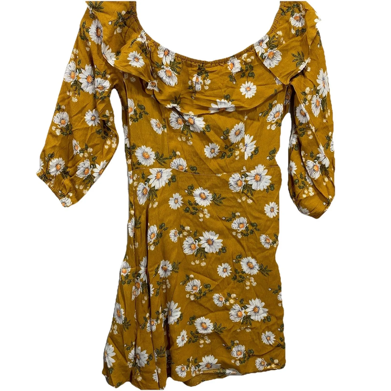 Forever21 Floral Print Mustard Yellow offshoulder puff sleeve mini sundress Sz S - Image 4