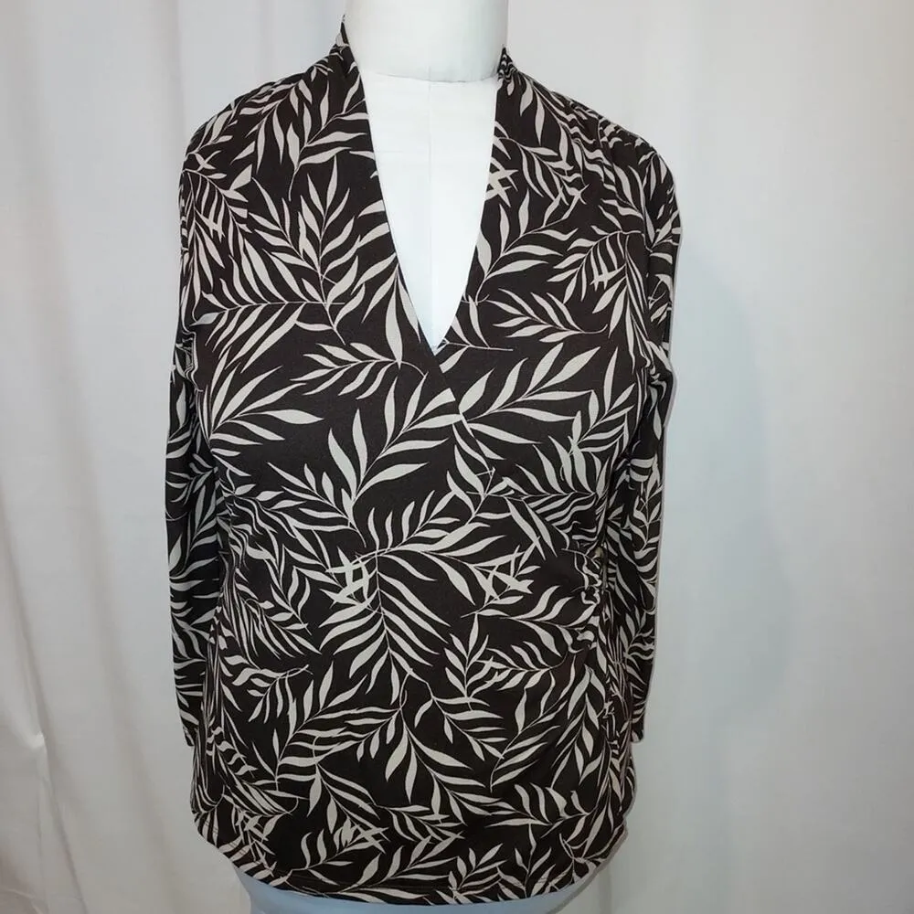 Charter Club Nylon Black White Tropical Crossover V-Neck Wrap Blouse Shirt Top - Image 2