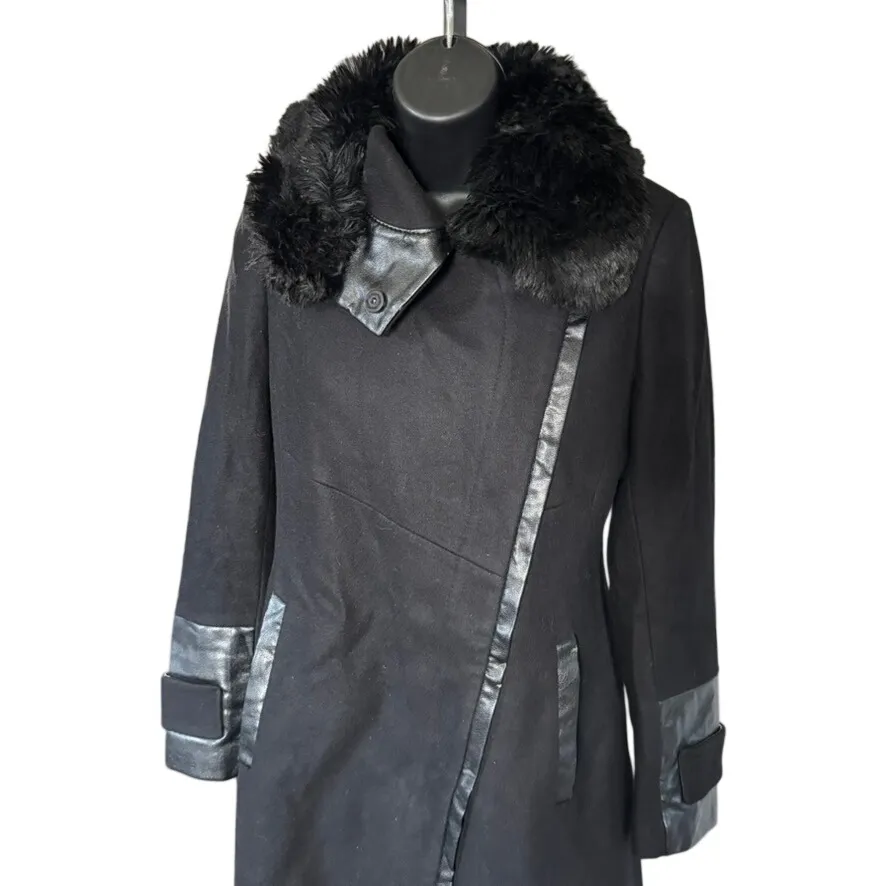 Via Spiga Wool Faux Fur Collar Jacket Sz 2P Black Military Moto Faux Leather - Image 3