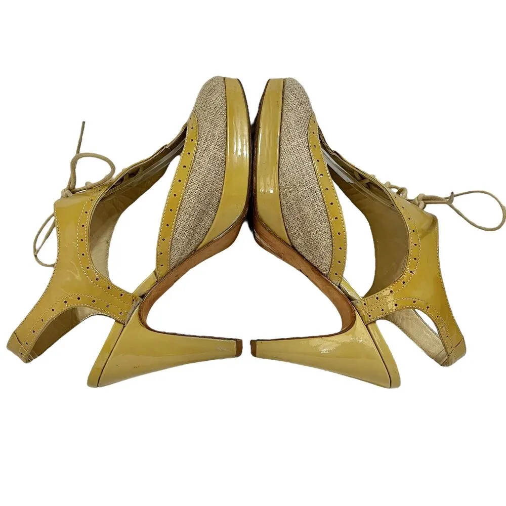 Oxford Lace-Up Canvas Patent Leather Cut-Out Slingback Heels - Image 9