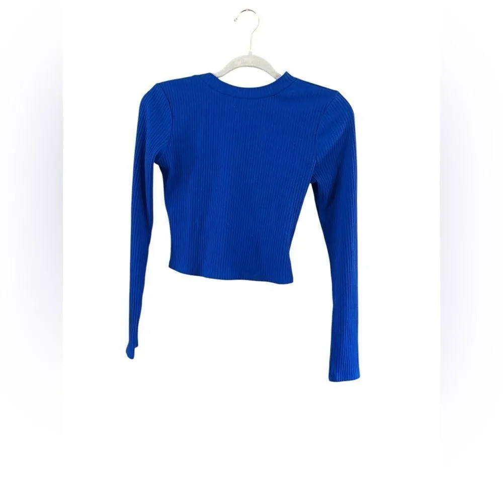 Blue Ribbed Long Sleeve Knit Top Size Small - Image 7