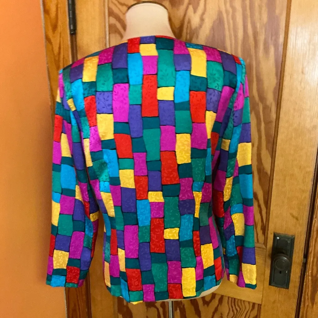 Vtg 90s colorful patchwork print silk blouse - Image 11