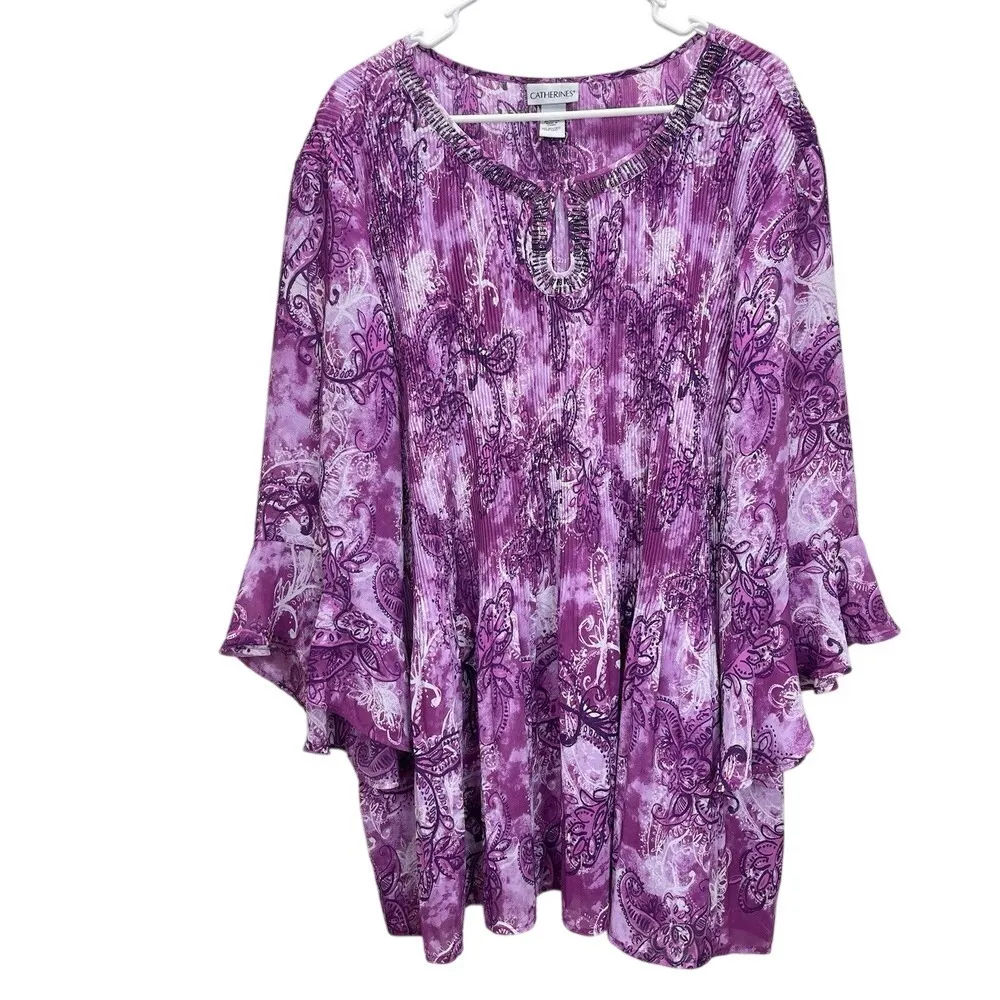 Catherines Pink Crinkle Pleated‎ Beaded Keyhole Neck Georgette Tunic Size 4X - Image 2