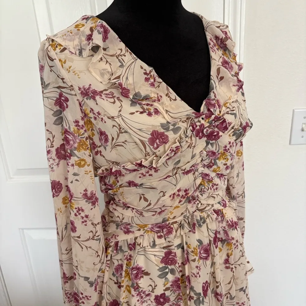 Lena Purple and Cream Floral Long Sleeve Dress Size M - Image 2