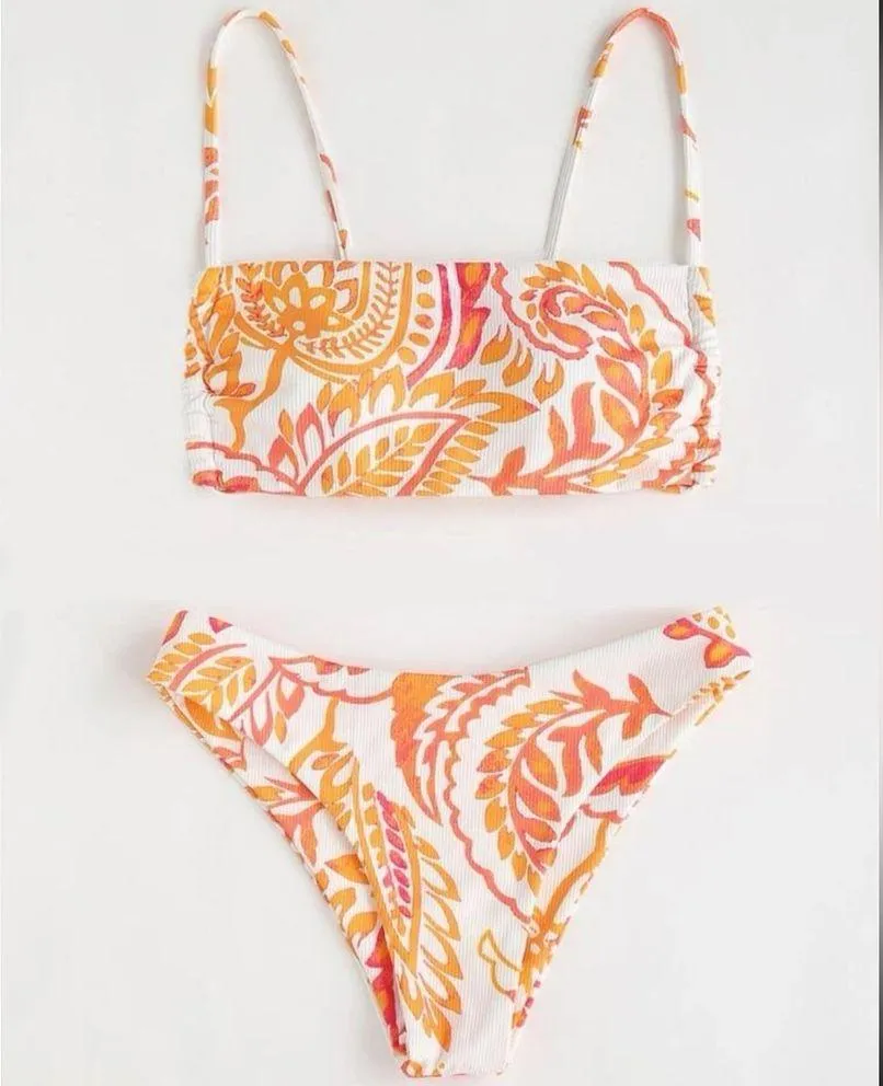 NEW Orange Yellow Paisley Plant Print Two Piece Swimsuit Set Size Large - Image 2
