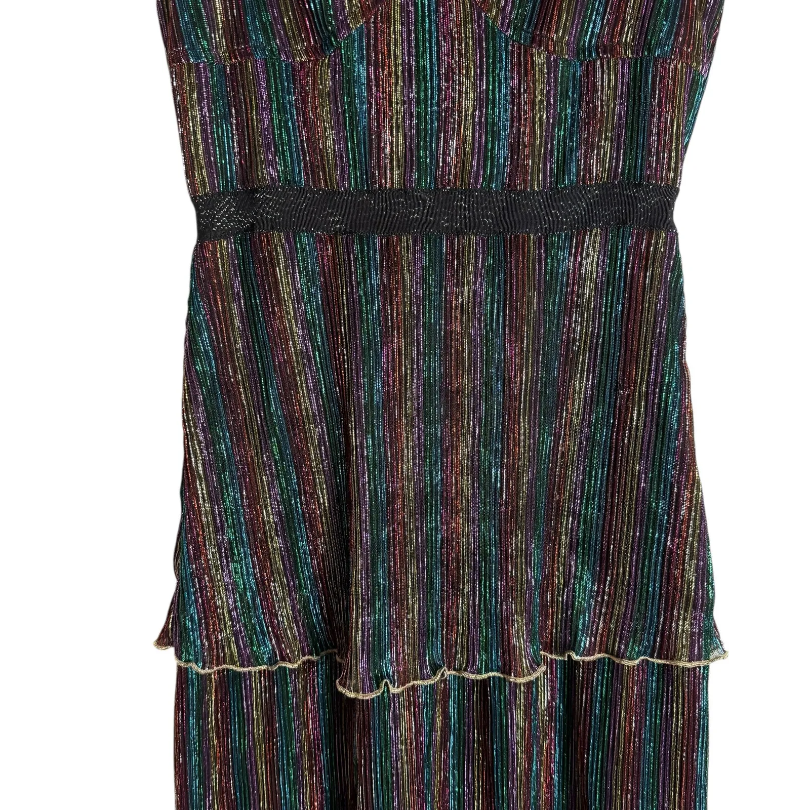 Saylor Aviva Black Rainbow Striped Metallic Sweetheart Tiered Midi Dress XS - Image 8