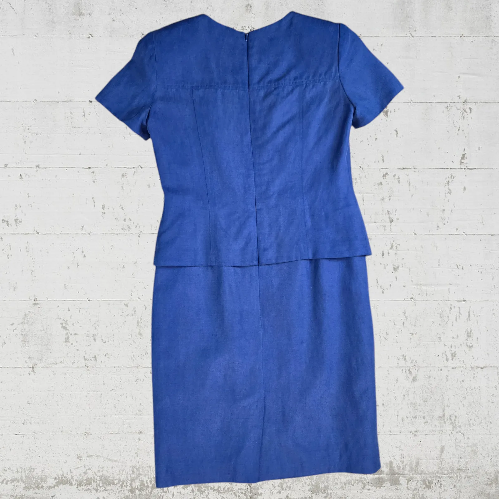 80s Vintage Blue Silk Linen Talbots Classic Peplum Knee Length Dress Size 2P - Image 7