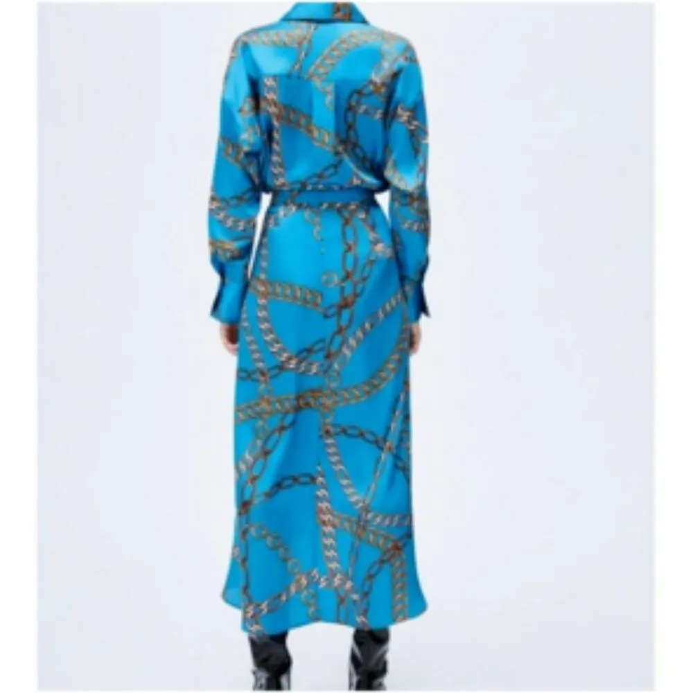 Zara Blogger Favorite Chain Print Satin Pareo Wrap Midi Skirt XL - Image 3