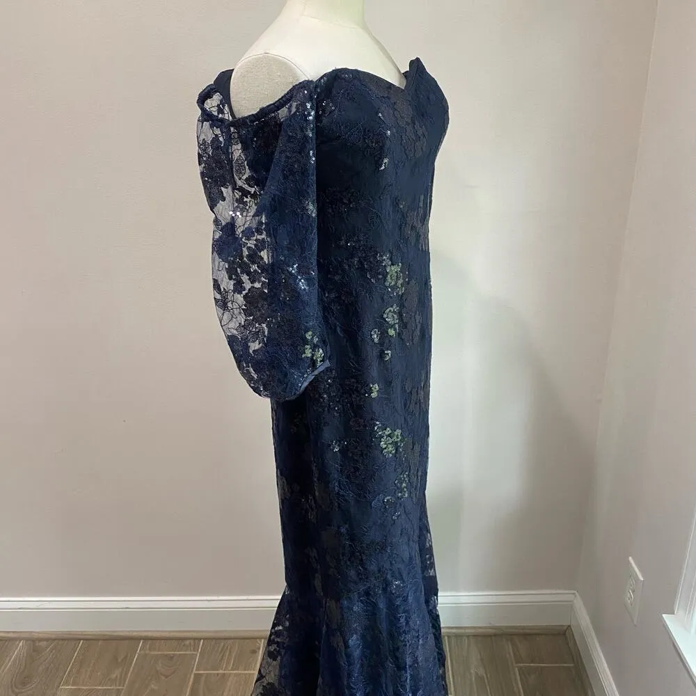 Teri Jon Mother of The Bride Navy Off The Shoulder Sequin Evening Gown Size 10 Blue - Image 12