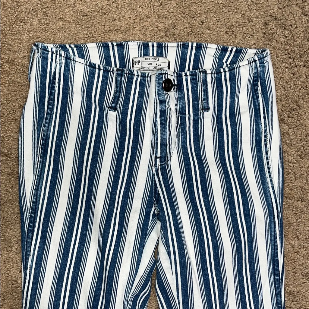 Free People Jolene Railroad Stripe Flare Bell Bottom Low Rise Jean Blue White 25 - Image 3