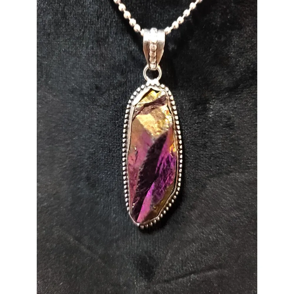 Women's Purple Stone Druzy Pendant Necklace Lobster Clasp Beaded Chain Jewelry - Image 3