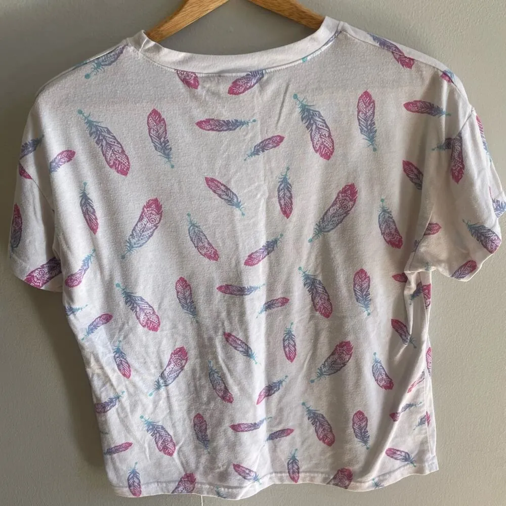 Modern Lux Top Women's Small White Cropped Feather Graphic Tee Crewneck - Image 5