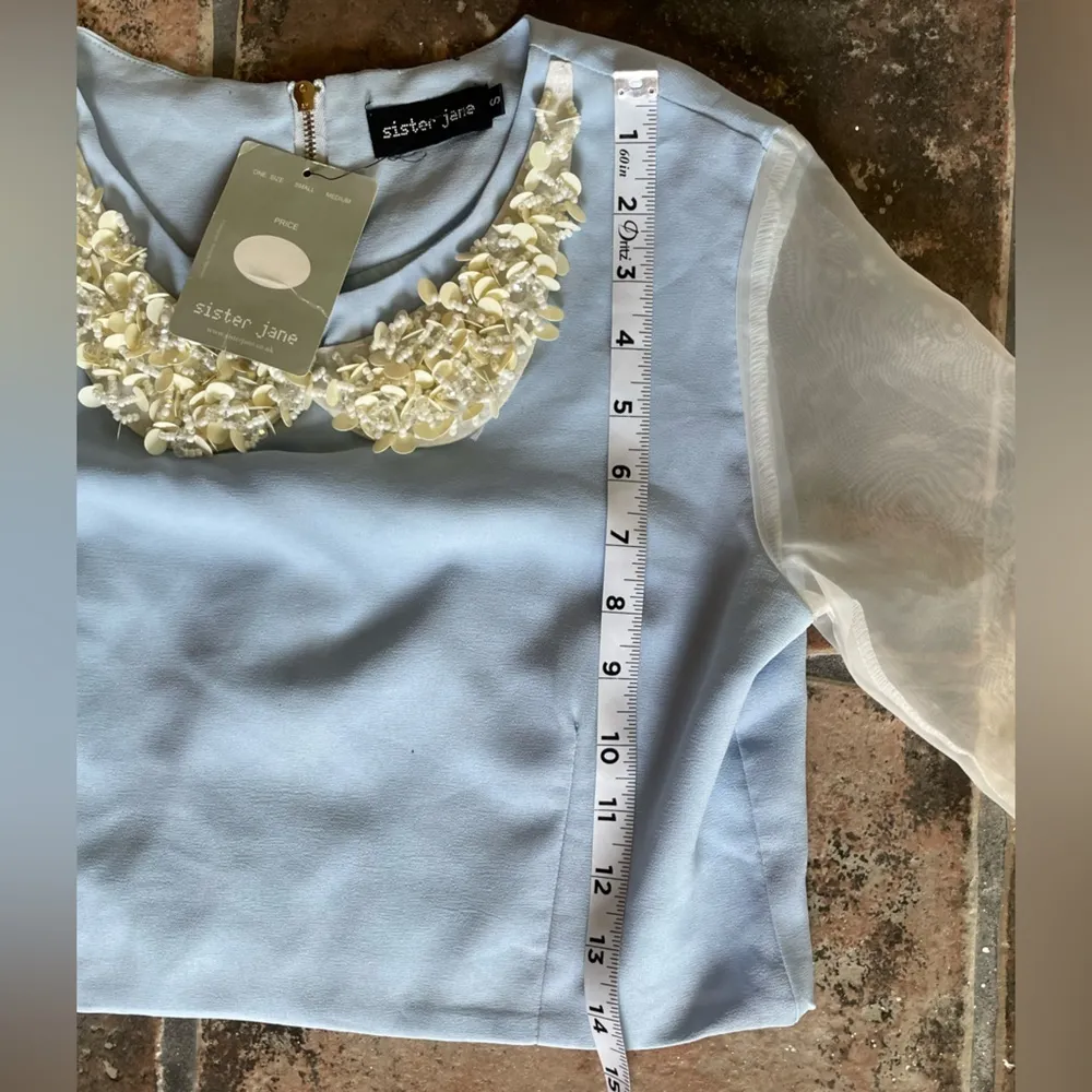 Sister Jane Sequin & Pearl Collar Tulle Sleeve Blue Crop Top Size S - Image 8